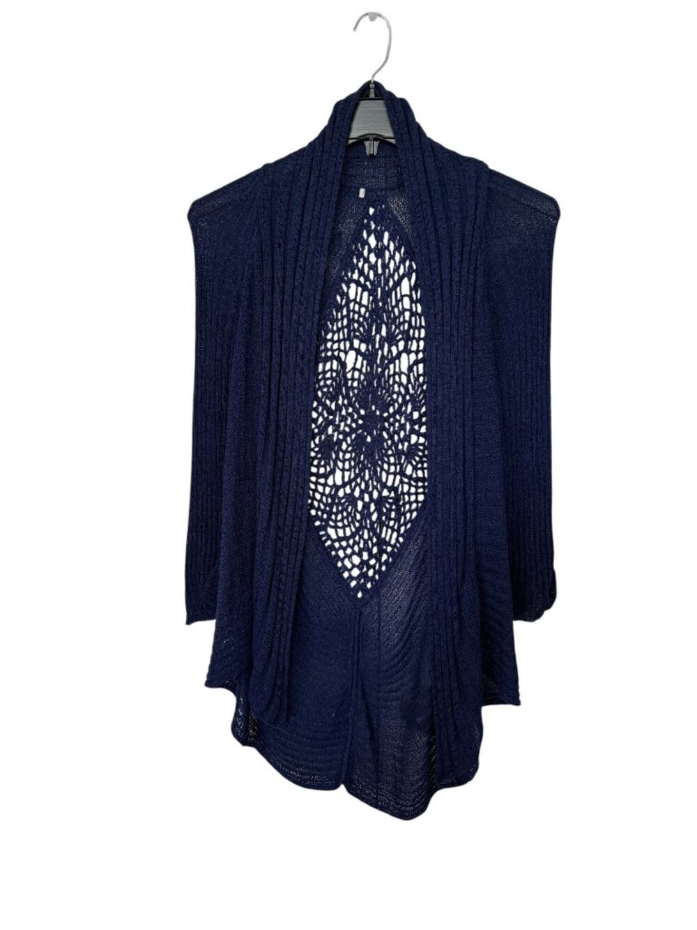 Navy Blue Open Front Knit Cardigan S Shawl Collar Crochet Back Boho Romantic - Picture 3 of 8
